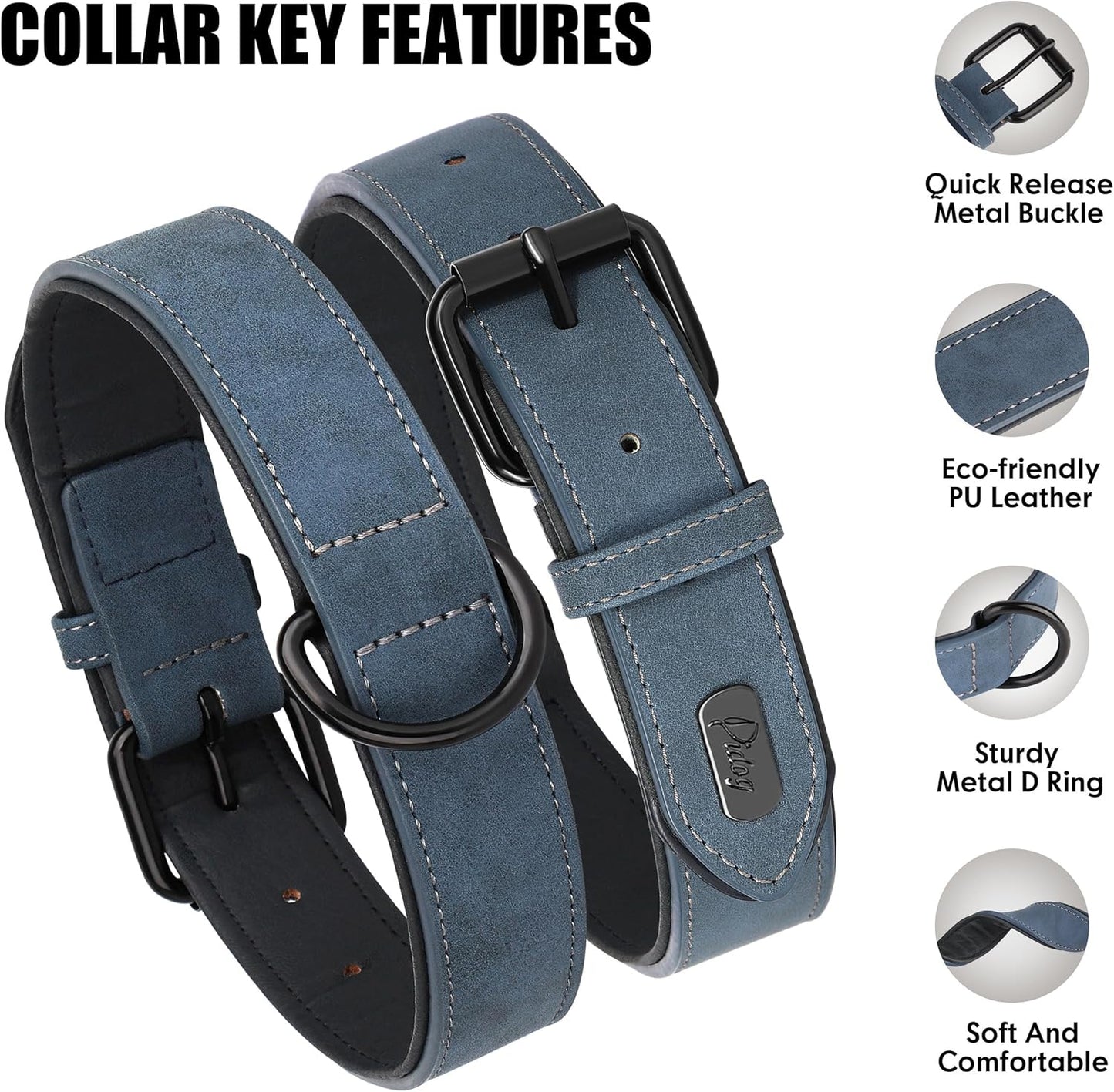 Didog Soft Padded PU Leather Dog Collar, Breathable and Adjustable Dog Collars for Medium Dogs, Comfortable for Daily Walk, Blue, L Fit Neck 13-17"(22-44 lbs)