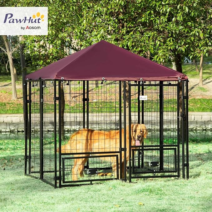 PawHut 4.6' x 4.6' x 5' Outdoor Dog Kennel, Welded Wire Dog Kennel Outside Run with 360° Rotating Bowls, Waterproof & UV Resistant Cover, for S&M Breeds, Chickens, Ducks, Red | Dog Kennel Outside Run, 360° Rotating Bowls, Waterproof & UV Resistant Cove...