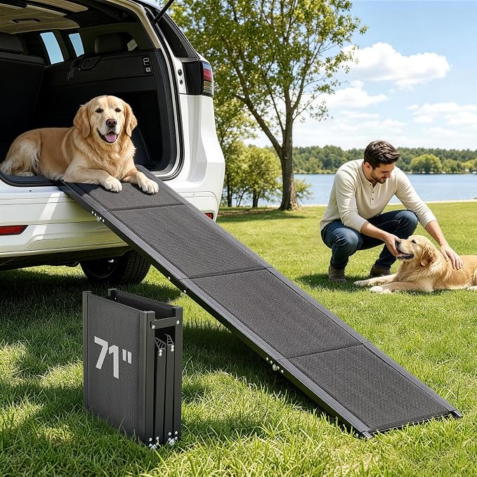 VEVOR Dog Ramp for Cars, 71" L x 17" W, Folding Pet Ramps for Medium & Large Dogs up to 250lbs, Pet Stair Ramp with Non-Slip Oxford Fabric Surface, Portable Outdoor Dog Car Ramps for SUV & Truck