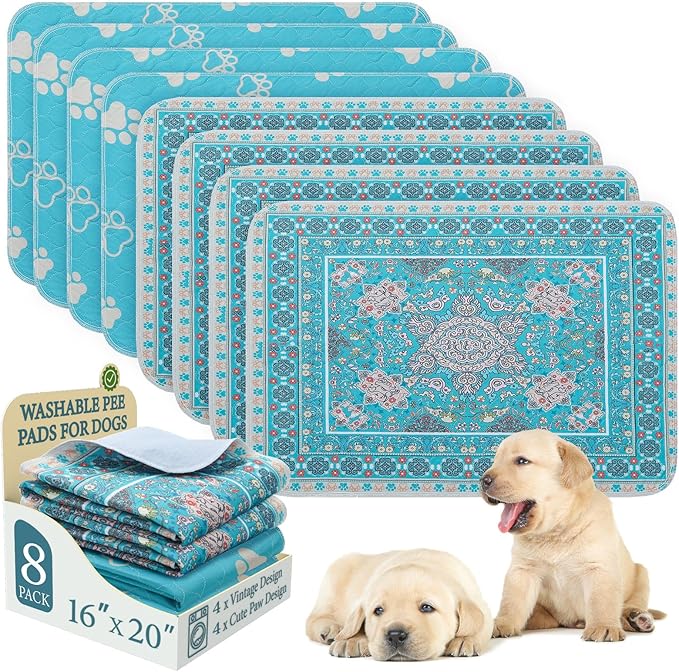 Homimp Washable Pee Pads for Dogs, 8 Pack Reusable Puppy Pads Waterproof, Absorbent and Leakproof Dog Pee Pads, Non Slip Puppy Training Pads, Pet Mat for Floor, Crate, Couch, Whelping,Blue, 16"x20"