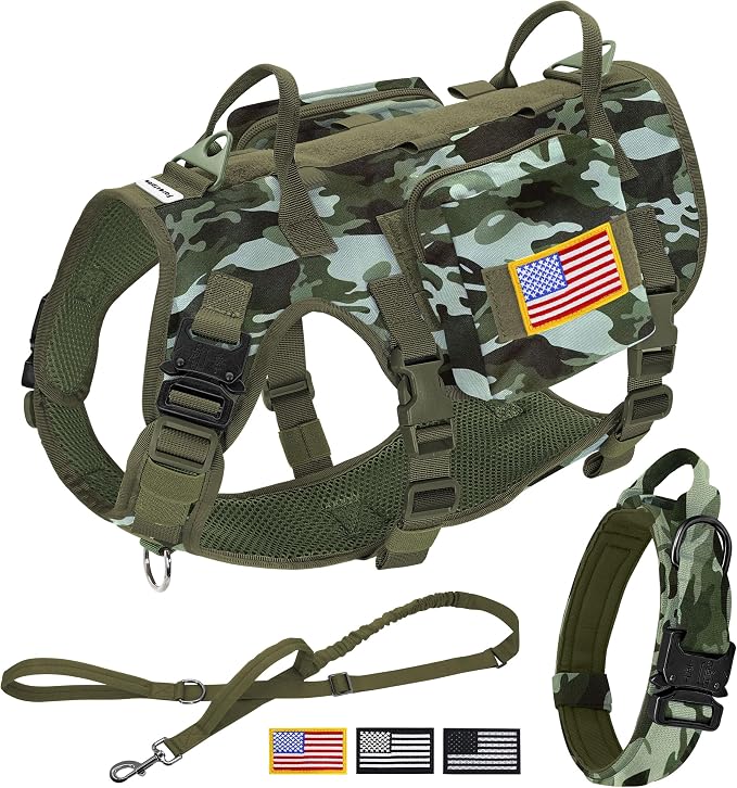 Forestpaw Tactical Dog Harness Collar Bungee Leash Set,S,Camo Green | Adjustable Fits 17-25" Chest,20-35 lbs,No Pull Control Military Style,Quick Release Buckle,Walking for Medium Dogs