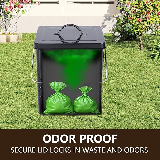 1.85Gal/7L Small Outdoor Trash Can with Lid, Metal Dog Poop Trash Can Outside, Dog Waste Container Bucket Handle(75 Trash Bags Included)-Black