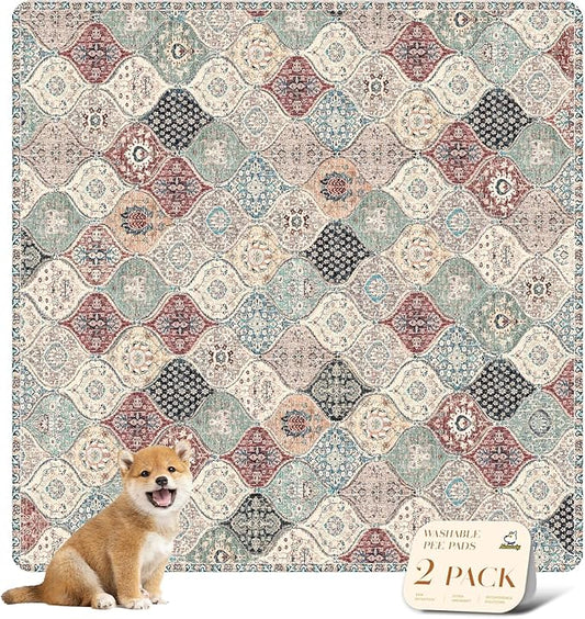 nunubaby Washable Pee Pads for Dogs, Stylish, Non-Slip and Leak-Proof Pee Pads. Reusable Potty Pads for Dogs for Crates and Floors.(Dark Red/Multi, 54" x54" )