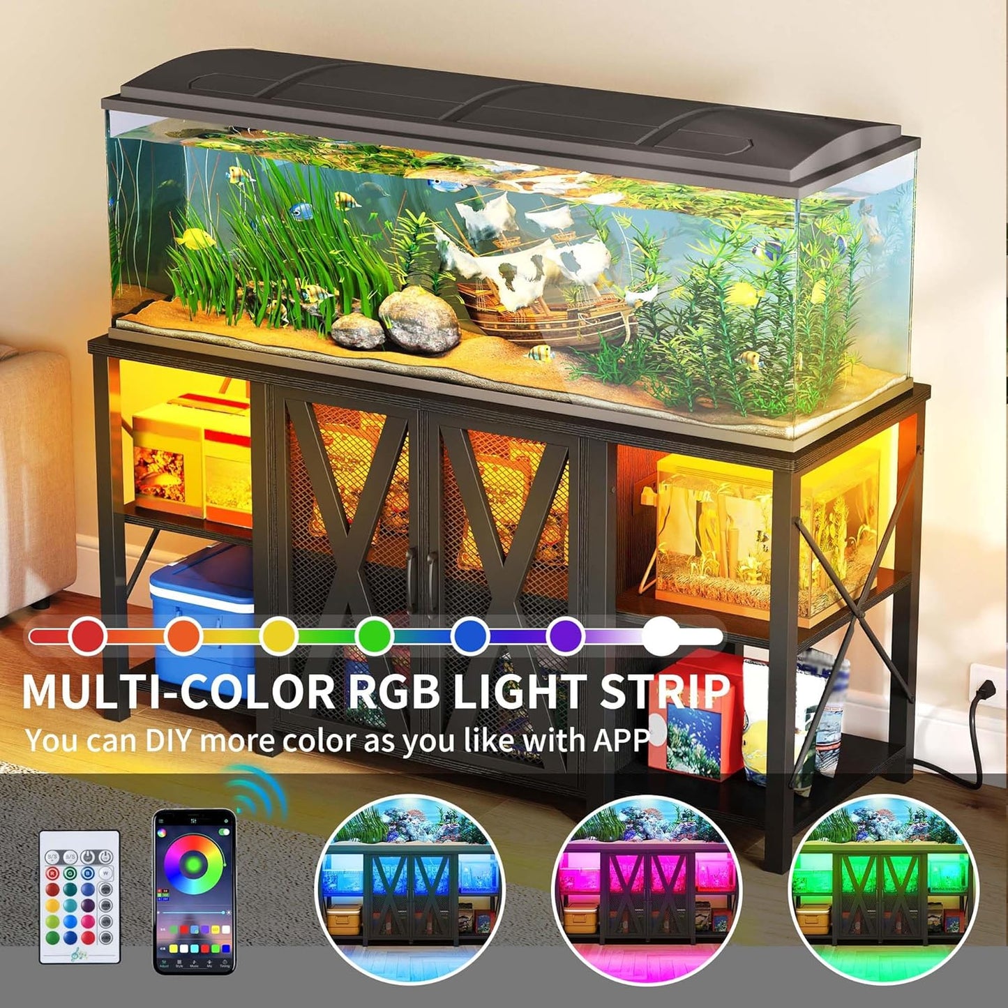 YITAHOME 90-120 Gallon Reptile Tank Stand with Power Outlet & LED Light, Heavy Duty Aquarium Stand w Accessories Storage Cabinet - Metal Fish Tank Stand for Turtle, Reptile, 2000LBS Capacity, Black