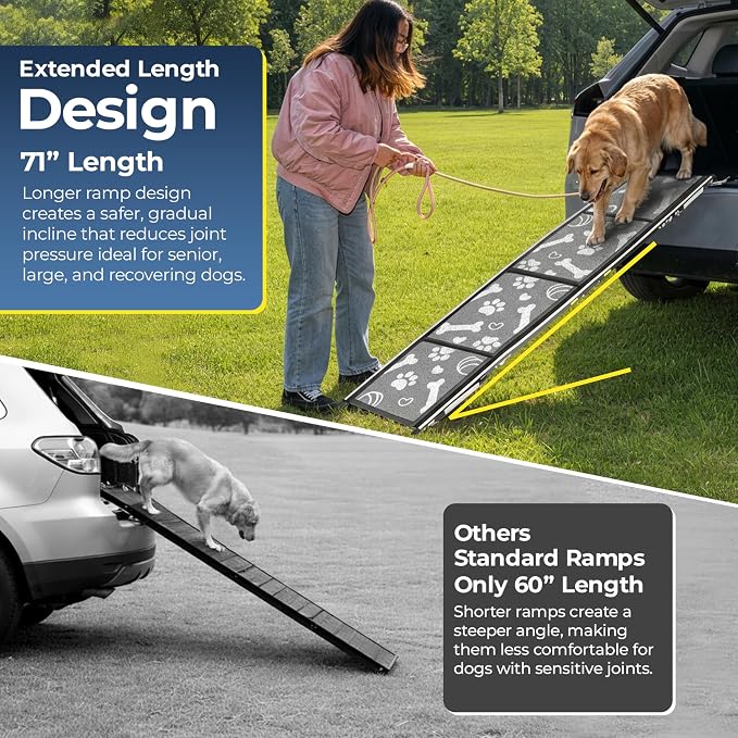 Heavy-Duty 22 lb Dog Ramp for Large Dogs, Car, SUV & Truck, 71" Long x 20" Wide, Built for Maximum Stability, Aluminum Pet Ramp with Side-Strap Stability System, 250 lb Capacity