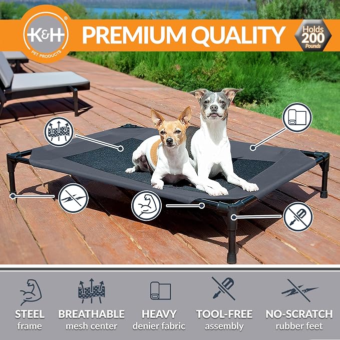 K&H Outdoor Elevated Dog Bed, Cooling Raised Dog Bed, Charcoal, Medium | Pet Cot for Medium & Large Pets, Breathable Mesh Center Hammock Design, Indoor/Outdoor Washable Cover, 32x25in