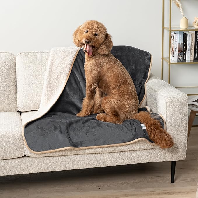 PetAmi Waterproof Dog Blanket for Medium Large Dogs, Pee Proof Pet Blanket for Couch Bed, Reversible Water Proof Blanket for Puppy Indoor Cat, Soft Dog Fleece Blankets Washable, 40x60 Gray/Beige