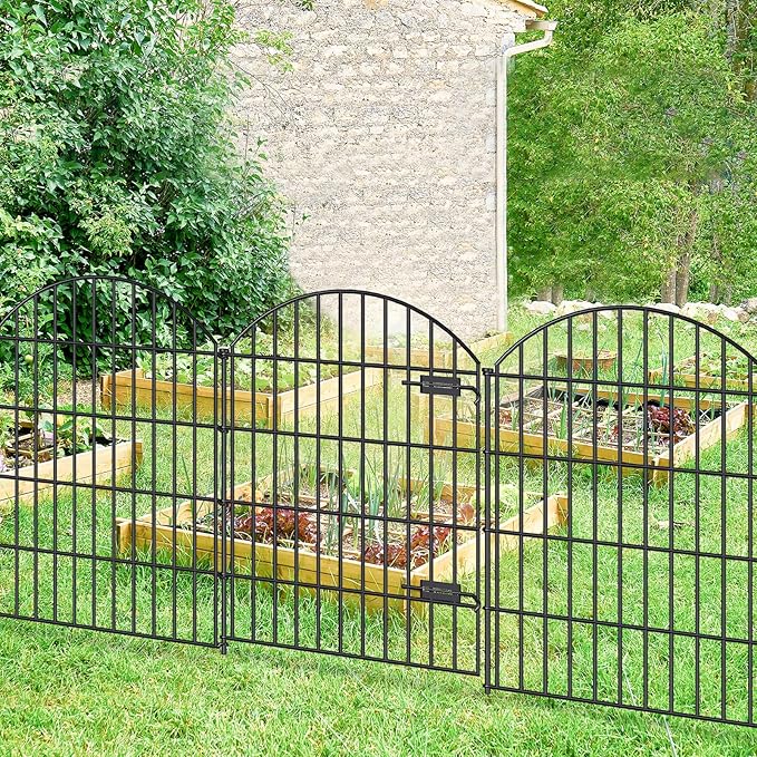 FOREHOGAR Metal Garden Fence with Gate 36in (H) x 18.7ft (L), 1 Gate+7 Panels Dog Fence Border Fence Animal Barrier, No Dig Garden Fencing for Yard Flower Bed Lawn Patio Outdoor,ECG3508,Black