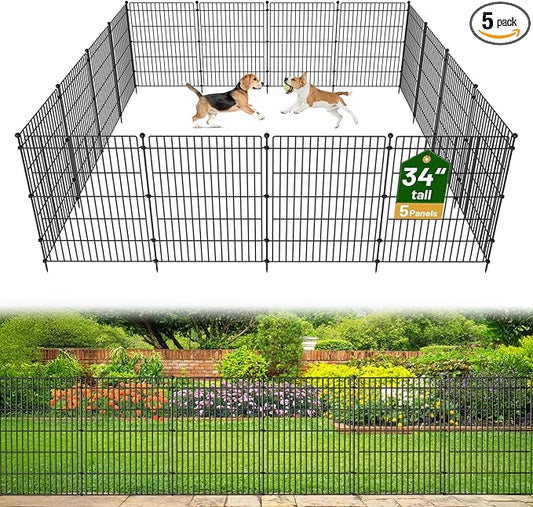 5 Panels No Dig Garden Fence Animal Barrier, 34in(H) × 11.25ft(L) Decorative Metal Outdoor Dog Fence, Rustproof Pet Fencing for Yard, Patio, Flower Bed -Temporary Fencing| Easy to Install