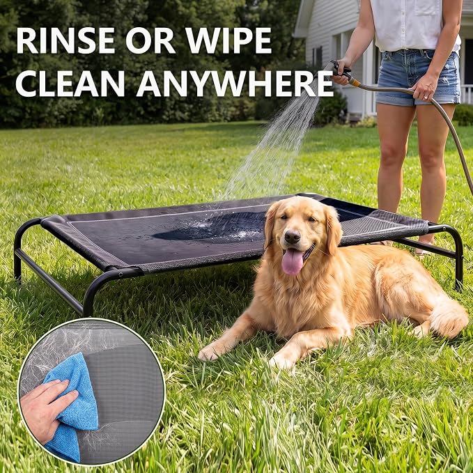 MICOOYO Outdoor Dog Bed, Elevated Dog Bed Raised Dogs Bed with Breathable & Washable Mesh, No-Slip Feet, Easy Clean, Chew Proof, Portable Dog Cot for Indoor & Outdoor Use, 43" x 31" x 8", Black