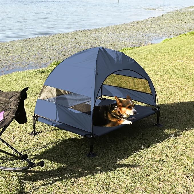 KINGROCK Elevated Dog Bed with Removable Canopy Portable Outdoor Pet Cot Waterproof 600D Oxford Fabric Anti Slip Feet for Large Dogs Camping Beach Indoor and Outdoor Use