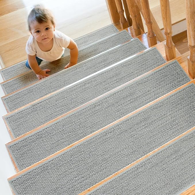 Stair Treads Non Slip for Wooden Steps Indoor 9" x 36" 15 Pack Extra Wide Stair Tread Carpet Stairs Runner, Step Pads with Reusable Adhesive for Dogs Kids Elders, Machine Washable, Light Grey