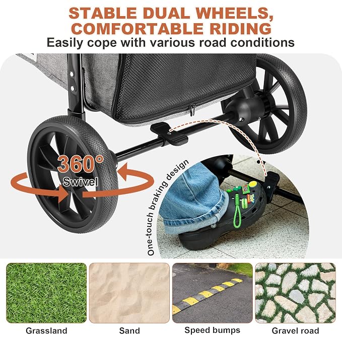 Medium Dog Stroller, Dual Entry One-Touch Folding,Small and Medium Pet Stroller,360° Rotating Front Wheels,80 lbs Weight Capacity for Outdoor Travel and Elderly Dogs - Gray