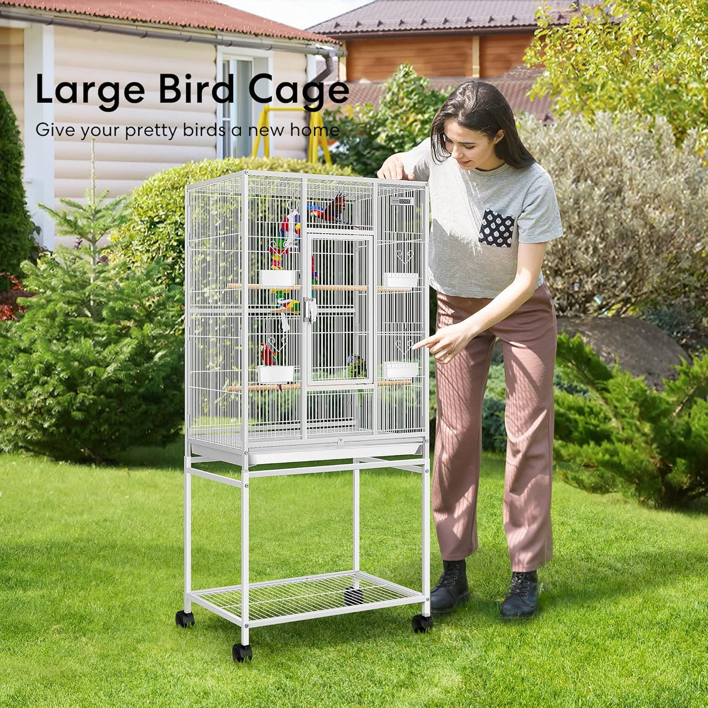 VIVOHOME 54 Inch Wrought Iron Large Bird Flight Cage with Rolling Stand for Parakeets Canaries Cockatiels Lovebirds Conures, White