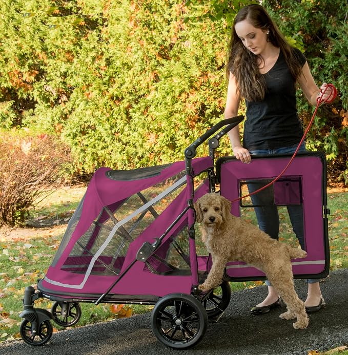 Pet Gear NO-Zip Pet Stroller with Dual Entry, Push Button Zipperless Entry for Single or Multiple Dogs/Cats, Pet Can Easily Walk in/Out, Gel-Filled Tires, Red Plum, Expedition