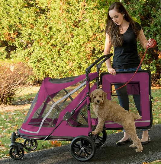Pet Gear NO-Zip Pet Stroller with Dual Entry, Push Button Zipperless Entry for Single or Multiple Dogs/Cats, Pet Can Easily Walk in/Out, Gel-Filled Tires, Red Plum, Expedition