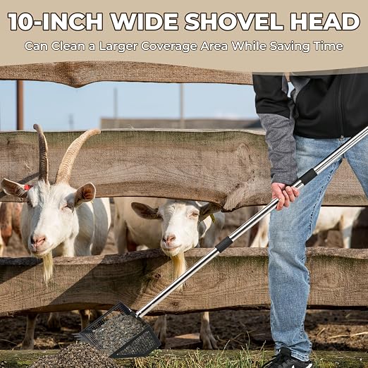 Goat Pooper Scooper, 4-in-1 Goat Stall Sifter Shovel (22 to 61 Inch,Black) | Accessories & Supplies for Goat, Chicken Poop Scooper for Sand, Horse/Sheep/Duck/Cow, Pooper Scooper Rake for Livestock