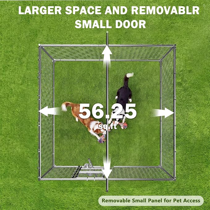 7.5 x 7.5ft Large Outdoor Dog Kennel with Rotating Feeder, HeavyDuty Dog Runs with Roof, Pet Playpen with Double Doors&Secure Lock, with Galvanized Chain Link for Dogs,Chickens,Ducks