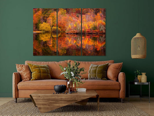 Nature Wall Art Prints - Ocean Forest Mountain Lake Canvas Landscapes - Small to Extra Large Living Room Bedroom Kitchen Bathroom Décor (Autumn Forest with Lake, 31L" x 47W" - 3 Panels)