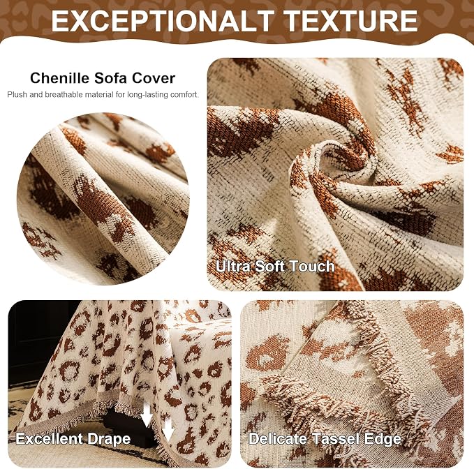 VClife Boho Couch Cover, Cute Animal Cheetah Throw Cover for Couches, Extra Large Couch Covers for 3 Seaters, Non Slip Couch Slip Cover for Dog Versatile Furniture Protector, Brown, 71''x150''