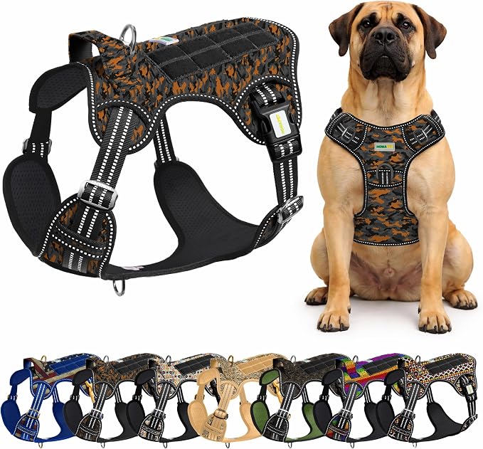Homapet. Tactical Dog Harness with Dual Leash Attachment Points, Adjustable and Reflective Military Grade Dog Vest with Comfort Control Handle (ORNG BLK CAMO-L)