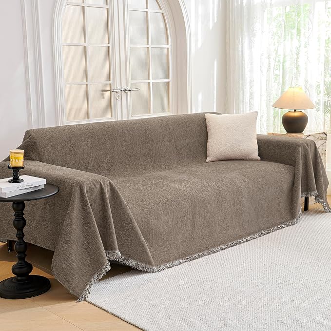 MYSKY HOME Couch Cover for Dogs, Washable Couch Covers, Non Slip Couch Sofa Cover, Couch Cover 2 Cushion Sofa Dogs Furniture Protector with Tassels Chenille Sofa Covers for Pets, 71"x118", Sand