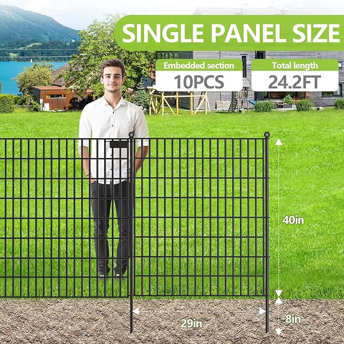 Toolterritary 10 Panels No Dig Garden Fence with Gate, 40 in(H) X 24.2 ft(L) Metal Fence Panels, Thickened Rustproof Garden Fencing, Animal Barrier Fence for for Dogs, Rabbits, Landscape, Patio