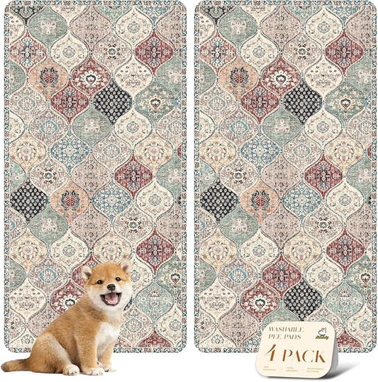 nunubaby 4PACK Washable Pee Pads for Dogs, Stylish, Non-Slip and Leak-Proof Pee Pads. Reusable Potty Pads for Dogs for Crates and Floors.(Dark Red/Multi, 24" x48" )