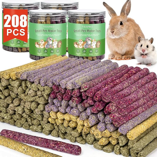 VESPRO 208Pcs Rabbit Chew Sticks, Guinea Pig Toys, Natural Timothy Grass Molar Teeth Stick, Mixing Flowers, Roses, Calendula and Forget Me Not, Small Animals Treats