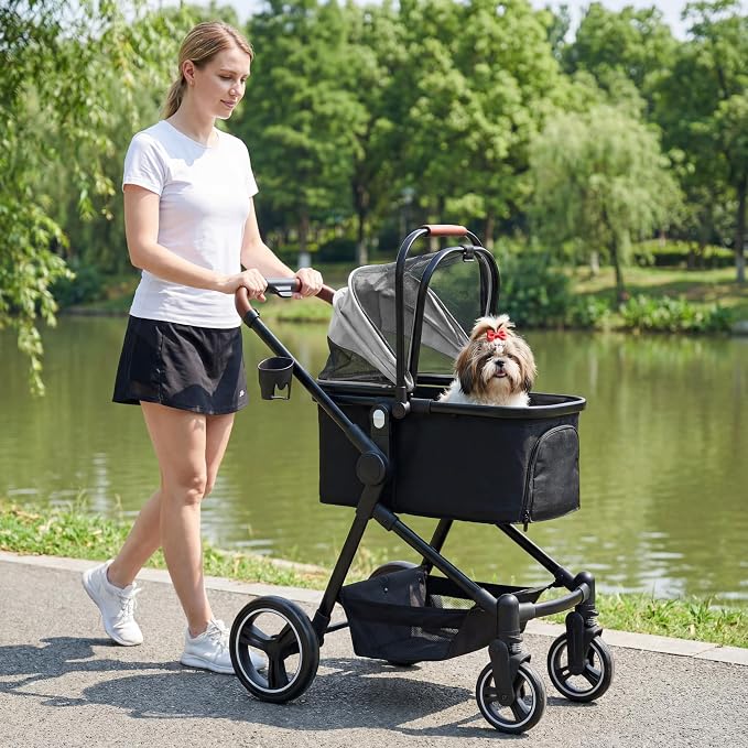 3-in-1 Foldable Pet Stroller for Dogs & Cats, 33lbs | All-terrain 7"/10" wheels | Compact storage | Storage basket | Breathable linen | Cup holder & rear brakes