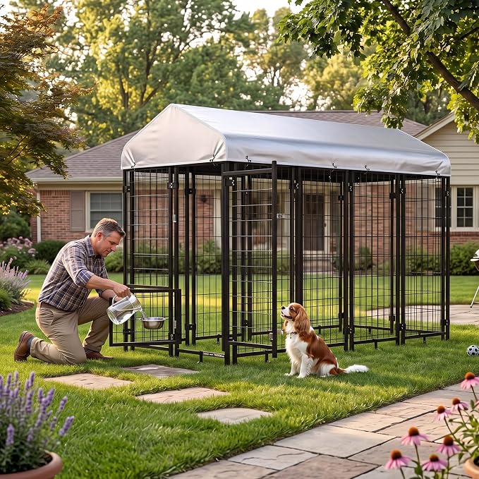 Dog Kennel Outdoor Enclosure with Roof, 8x4x6 FT Heavy Duty Outside Dog Run with Adjustable Bowls for Yard, Medium Large Dogs