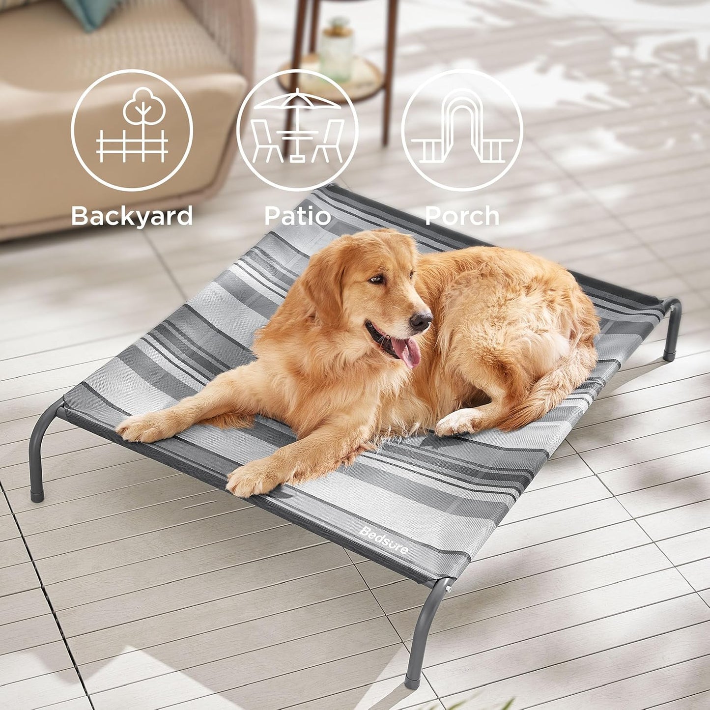 Bedsure Outdoor Elevated Dog Bed Large Sized Dog, Portable Indoor & Outdoor Cooling Raised Cot Pet Hammock Bed with Skid-Resistant Feet, Frame with Breathable Mesh, Striped Grey, 49 inches