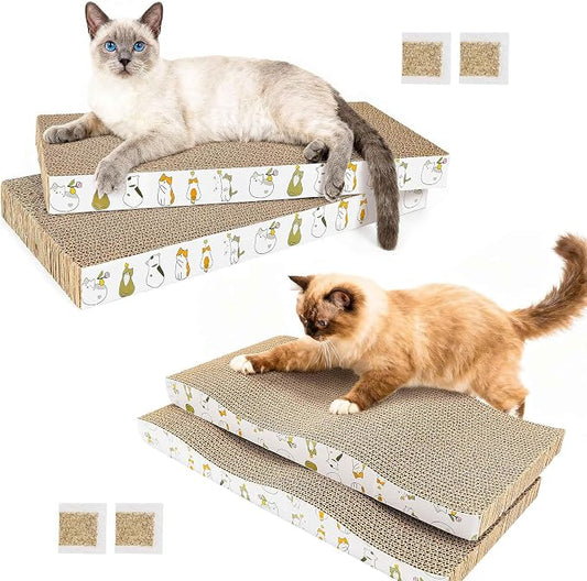 PatiencET Cat Scratcher Cardboard Pads for Indoor Cats, 4-Pack Mixed Flat and Wavy, Catnip Included