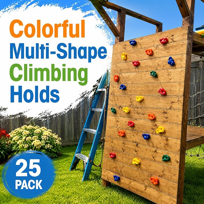ZENFUN 25 Packs Rock Climbing Holds, Indoor & Outdoor Rock Wall Climbing Kit, Multi-Colored Climbing Rock Wall Grips with Mounting Hardware, Knotted Rope（Added 4 Sets of Spare Screws）