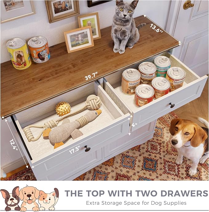 FIMELLO 39.7’’W Dual Doors Dog Food Storage Cabinet, Tilt-Out Dog Feeding Station with 4 Feeding Bowls, Pet Feeder Cabinet, White Grain