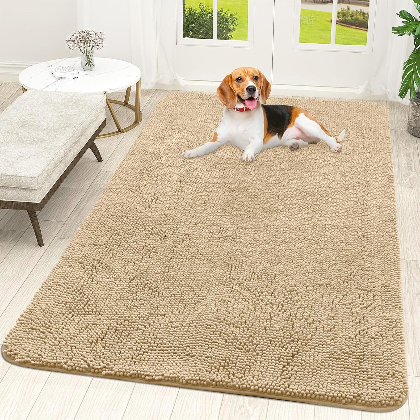 OLANLY Dog Door Mat for Muddy Paws 59x35, Absorbs Moisture and Dirt, Absorbent Non-Slip Washable Doormat, Quick Dry Chenille Mud Mat for Dogs, Entry Indoor Entryway Carpet for Inside Floor, Beige