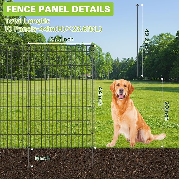 10 Panels No Dig Garden Fence with Gate, 44in(H) × 23.6ft(L) Decorative Metal Outdoor Dog Fence, Rustproof Pet Fencing for Yard, Patio, Flower Bed -Temporary Fencing| Easy to Install