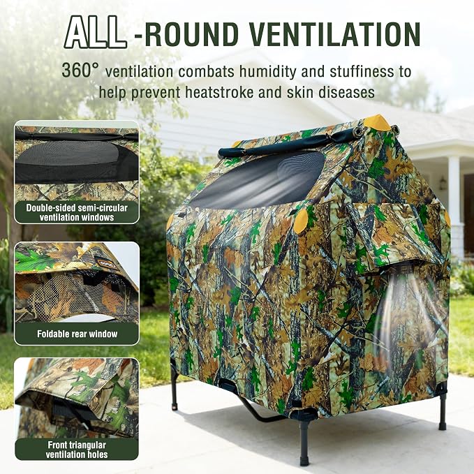 Privacy Outdoor Dog House & Elevated Bed 2-in-1, UPF50+ Sun Rain Protection, Breathable Camping Pet Tent with Cover, Portable for Indoor & Backyard Use（M）