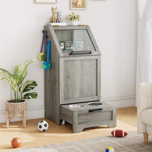 Dog Feeding Station with Storage - Large Capacity Dog Food Storage Cabinet with 2 Removable Stainless Steel Bowls, Flip Top Pet Food Container Toy Storage Organizer - Grey