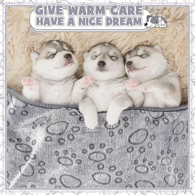 Tegeme 12 Pcs Pet Blankets Soft Fluffy Fleece Dog Cat Warm Paw Print Pattern Blankets Flannel Throw for Pets Dog Puppy Cat(23 x 16 Inch,Gray)