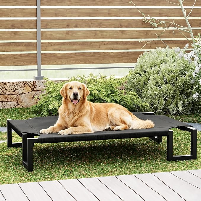 Elevated Dog Bed,Raised Outdoor Dog Bed for Large Sized Dogs Black | Portable Cooling Dog Cot with Washable Breathable Teslin Mesh,Waterproof Pet Bed for Indoor,Durable,No-Slip Feet,110×76×21cm