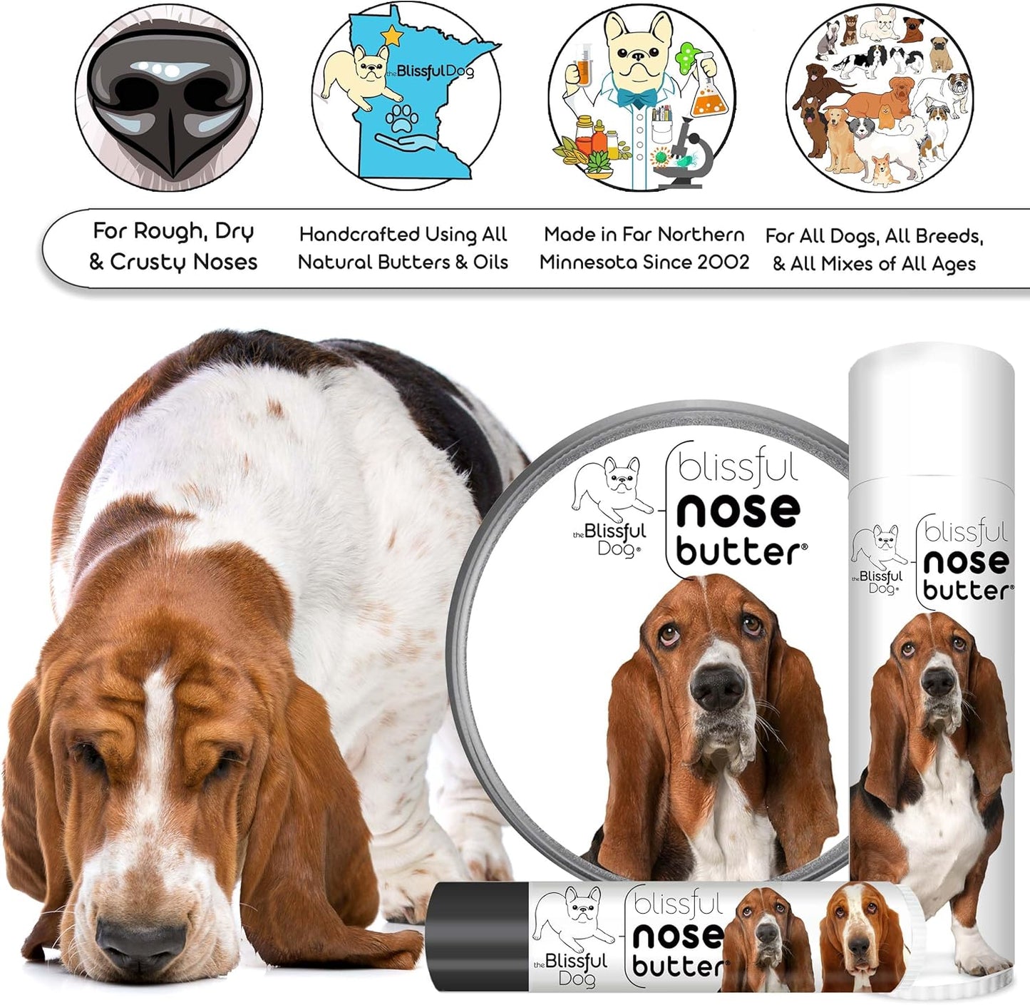The Blissful Dog Basset Hound Nose Butter for Dry, Cracked Skin, Lick-Safe Dog Nose Balm with Moisturizing Shea Butter, Almond, Olive, and Essential Oils, Pet Supplies, Uncented, 1 oz.