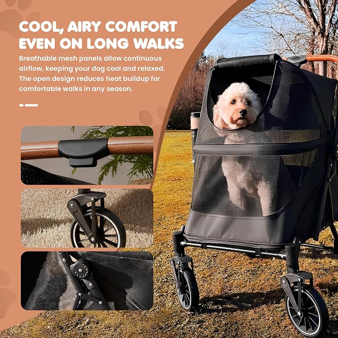 Premium Dog Stroller for Large Dogs, Pet Stroller with 5-Point Safety Harness, Foldable Dog Wagon, All-Terrain Wheels, Storage Basket & Cup Holder, Ideal for Senior & Recovering Pets, (Black & Grey)