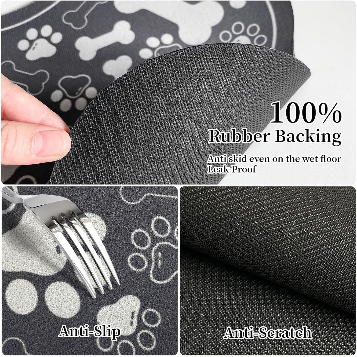 Dog & Cat Food Mat Bone Shaped Pet Feeding Mat Quick Absorb Water Bowl Placemat with Rubber Backing Indoor Floor Stain Resistant Pet Accessory Supplies (Dark Gray, 17x29 Inches)