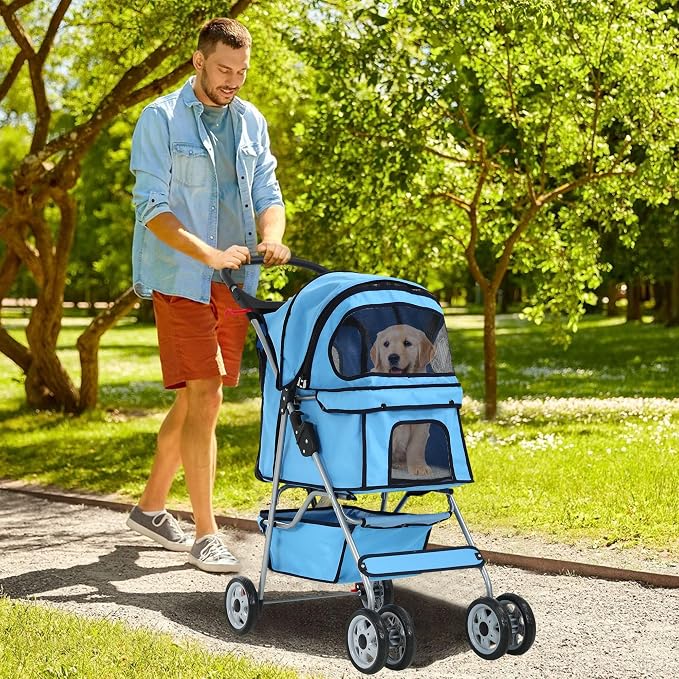 Pet Stroller for Small Medium Dogs & Cats, 4-Wheel Breathable Compact Foldable Dog Carrier with Storage Basket, Outdoor Portable Lightweight Travel Stroller for Camping,Blue