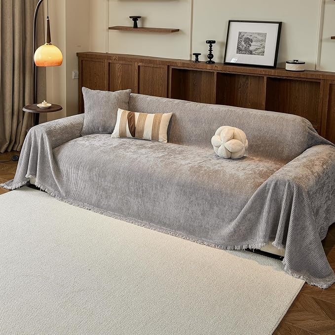 VClife Vintage Light Gray Striped Couch Cover with Tassel, 71" X 150" | Soft Thick Chenille Couch Covers for 3 Cushion Couch Sofa, Washable Sofa Covers for Sectional Sofa, Fade & Shrink Resistant