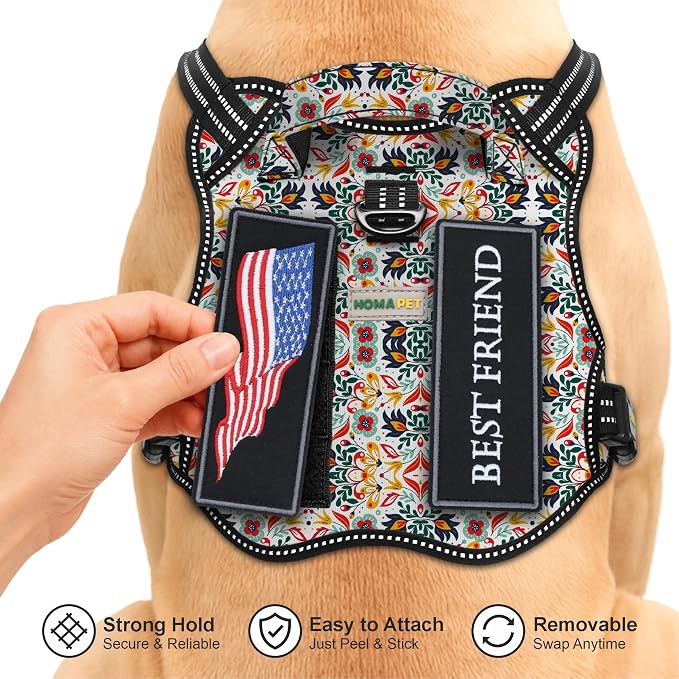 Homapet. Tactical Dog Harness with Dual Leash Attachment Points, Adjustable and Reflective Military Grade Dog Vest with Comfort Control Handle (Floral, XL)