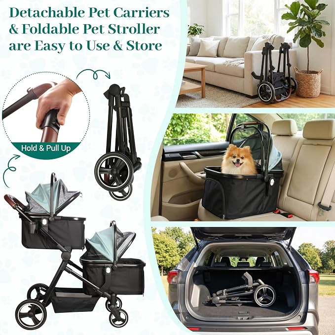 Foldable Double Pet Stroller for 2 Small Medium Cats Dogs | Convertible single/double | Detachable carriers | All-terrain wheels & shock | Safety brakes & tether | Breathable oxford