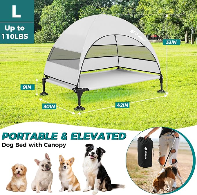 Outdoor Elevated Dog Bed with Canopy for Large Dogs, Grey, L | Breathable Raised Cot with Shade, Tool-Free Setup for Patios, Backyards and Camping