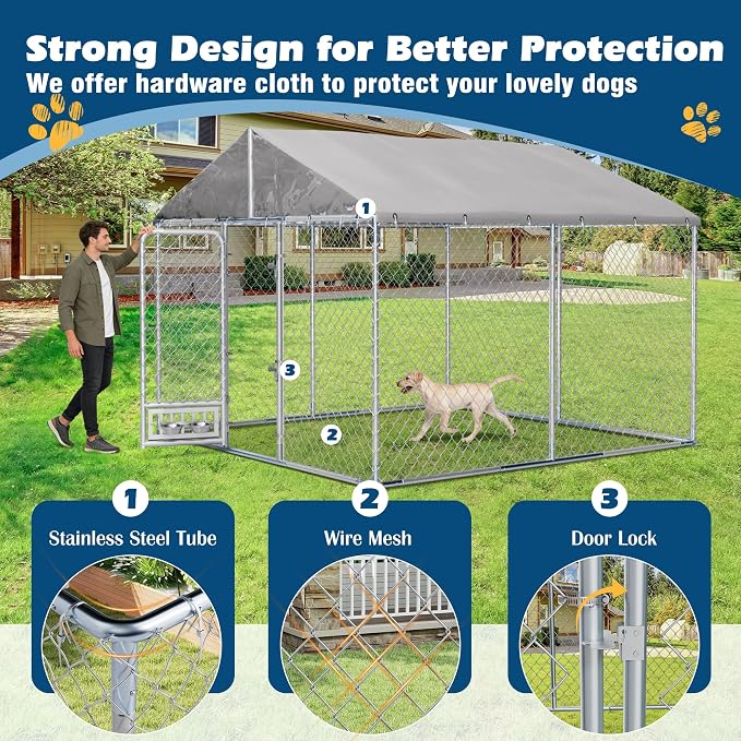 10×10×7 FT Outdoor Dog Kennel Enclosure w/Roof, Rotating Feeder | Large Heavy Duty Dog Run Playpen with 2 Stainless Bowls, Galvanized Pet House with Secure Lock, Waterproof Cover